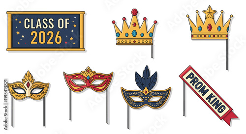 Prom sticker props feature crowns, masquerade masks, a Class of 2026 sign, and Prom King sash.