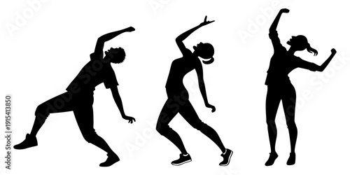 Three silhouettes demonstrating different yoga poses in a sequence Vector