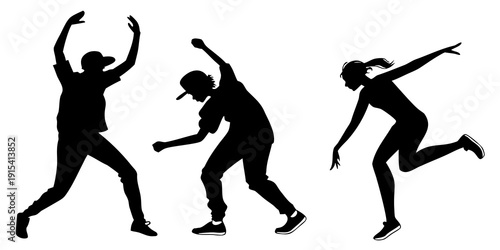 Three silhouettes of dancers in various dynamic poses showcasing different dance styles Vector