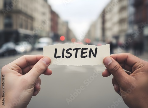 Wallpaper Mural Word listen written on torn paper held by two hands in focus on blurred city street background encouraging communication and empathy Torontodigital.ca