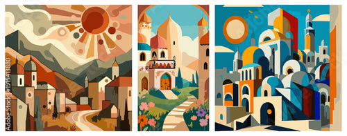 Set of three Middle Eastern city posters. Flat geometric illustration of domes, desert towns, and sunset in warm colors