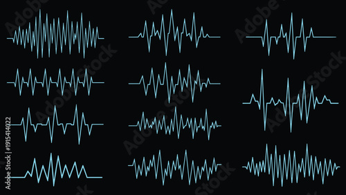 Grid of light blue digital audio waveforms and heartbeat monitor lines displayed on a solid black background.