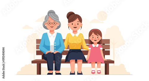 Three generations of diverse women, grandmother, mother, and daughter, are sitting together on a park bench in sunshine.