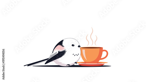 Cute long-tailed tit bird sitting peacefully next to a steaming orange cup of hot coffee or tea on white background.
