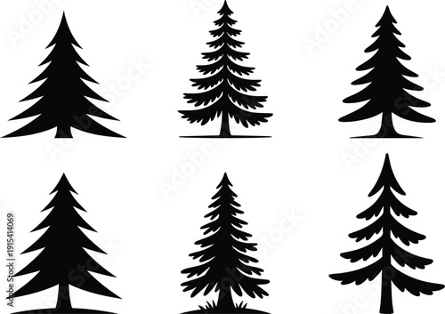 Set of Minimalist black pine tree silhouette vector icon