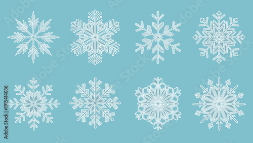 Beautiful collection of white snowflake icons with different intricate crystalline patterns on a soft blue background.