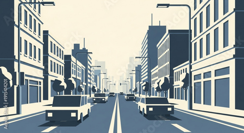 Modern city street with cars and buildings in urban landscape