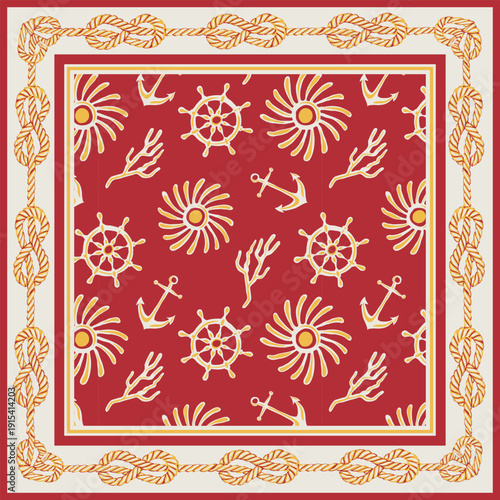Silk scarf design with, rope, ship wheel, lighthouse, anchor, compass, marine elements. Nautical frame, travel concept pattern.