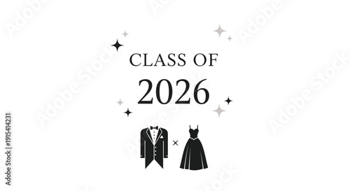 A minimalist prom invitation design for the Class of 2026 featuring stars and black icons of a tuxedo and a dress.