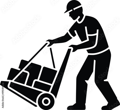 Construction worker pushing heavy load with hand truck on site in flat design vector illustration