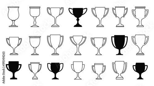 Set of eighteen different trophy cup icons in outline and solid black styles for sports awards and achievements.