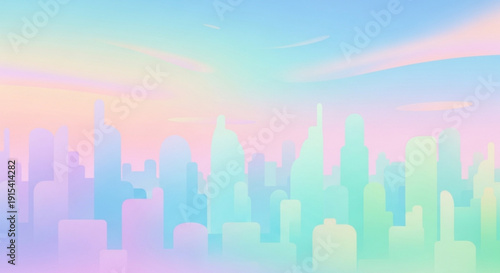 Vibrant cityscape at sunset with colorful pastel skyline