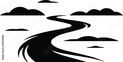 Minimalist black river flowing silhouette vector icon