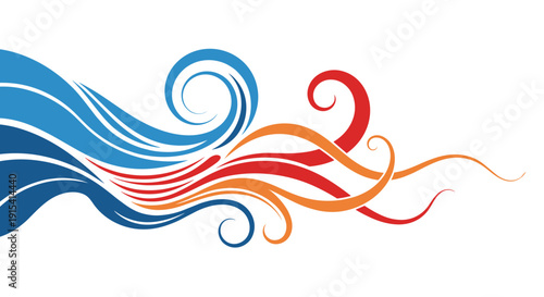 Abstract design with graceful flowing and swirling lines in vibrant shades of blue, orange, and red on a white background.