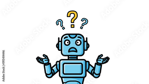 Puzzled blue robot character shrugging its shoulders with yellow and blue question marks floating above its head.