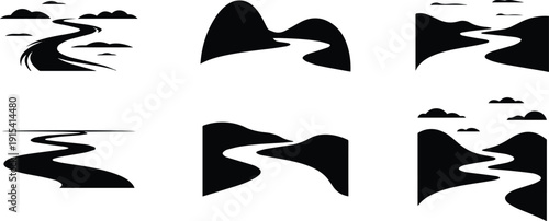 Set of Minimalist black river flowing silhouette vector icon