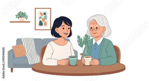 A younger woman and an older woman sit at a table, holding mugs and chatting in a comfortable living room.