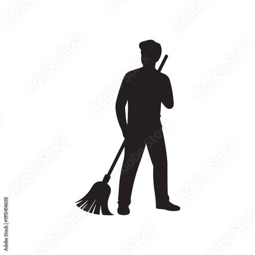 Silhouette of a man holding a broom, representing cleaning and janitorial work