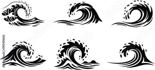 Set of Minimalist black ocean wave breaking silhouette vector icon