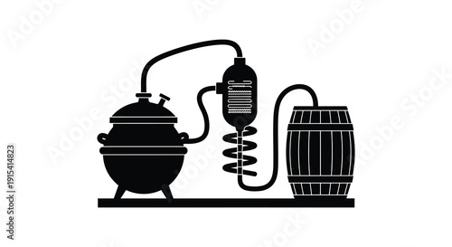 A detailed black illustration depicts a classic alembic still with a barrel capturing the art of distillation silhouette