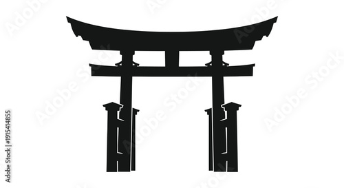 A striking black torii gate stands prominently against a white background showcasing traditional japanese architecture silhouette high quality