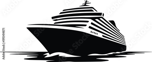 Minimalist black cruise ship on the ocean silhouette vector icon