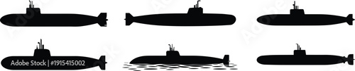 Set of Minimalist black submarine underwater silhouette vector icon