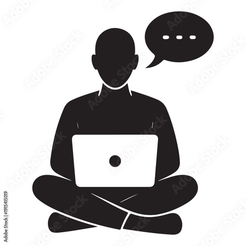 Person sitting cross-legged with laptop and speech bubble