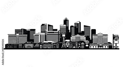 A striking black and white skyline illustration depicts a dense urban cityscape showcasing a detailed silhouette high quality