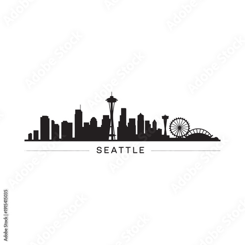 A stark black skyline silhouette depicts the city of seattle washington