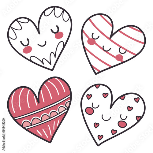 Four hearts with different patterns and colors on a white background Vector