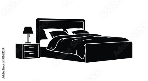 A minimalist depiction of a bedroom featuring a bed nightstand and lamp in stark contrast silhouette high quality