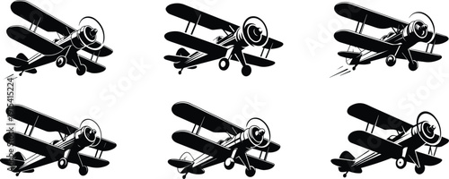 Set of Minimalist black biplane flying classic aircraft silhouette vector icon