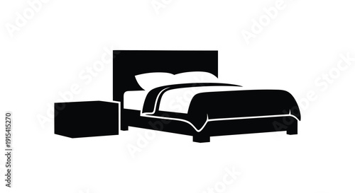 A minimalist depiction showcases a bed and nightstand in a stark black silhouette high quality professional detailed modern