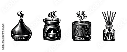 Aromatherapy flat vector icons set: diffusers, candles, essential oils, incense collection