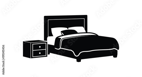 A minimalist depiction of a bedroom set including a bed nightstand and pillows in silhouette high quality professional