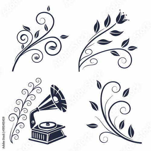 Vintage design elements featuring ornate swirls and a classic gramophone Vector