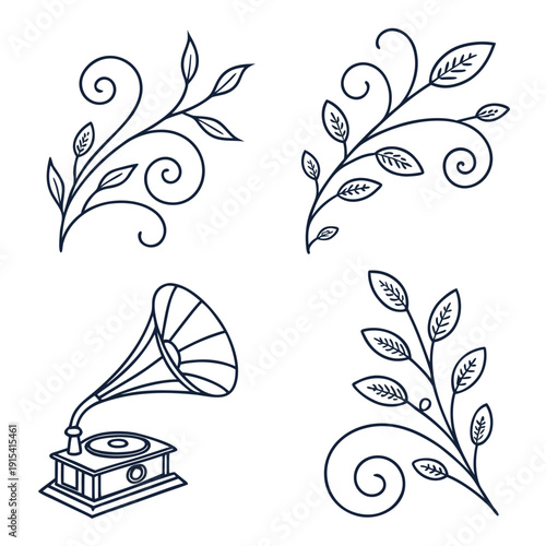 Vintage gramophone surrounded by intricate floral designs in a symmetrical pattern Vector