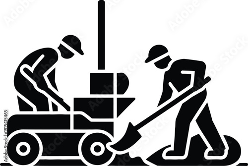 Roadwork Construction Workers Shovel Asphalt Paving Repair Infrastructure Maintenance Labor