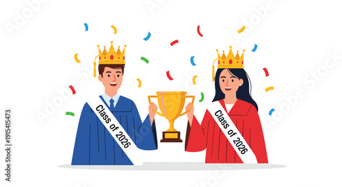 A male and female graduate wearing crowns and sashes hold a golden trophy with confetti falling around them.