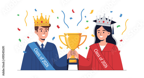 A male and female graduate with crowns and sashes hold a golden trophy with confetti, the female wearing a graduation cap.