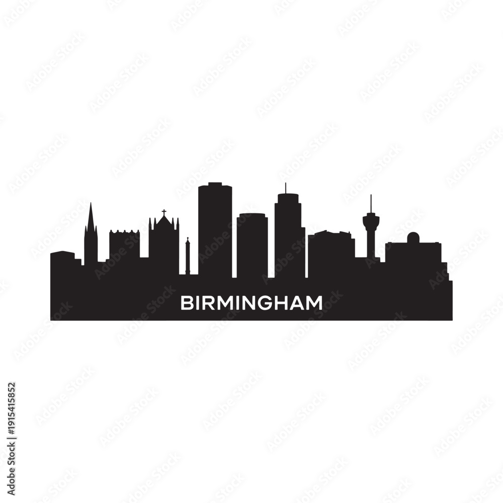 Naklejka premium A striking black silhouette of the birmingham skyline against a white background