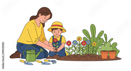 A smiling mother and her young son in a hat are kneeling in the dirt, planting a small seedling next to colorful blooming flowers.