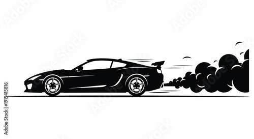 A sleek sports car drifts powerfully leaving a trail of smoke against a clean white background a striking silhouette