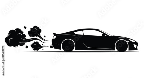 A dynamic black silhouette of a sports car drifting leaving a trail of smoke behind it silhouette