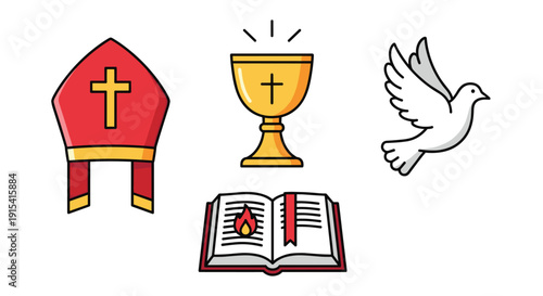 A collection of Christian religious symbols includes a red mitre, a golden chalice, an open Bible with a flame, and a white dove.