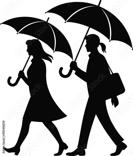 Women Umbrella Rain Walking Friendship Weather Protection Street Silhouette Autumn