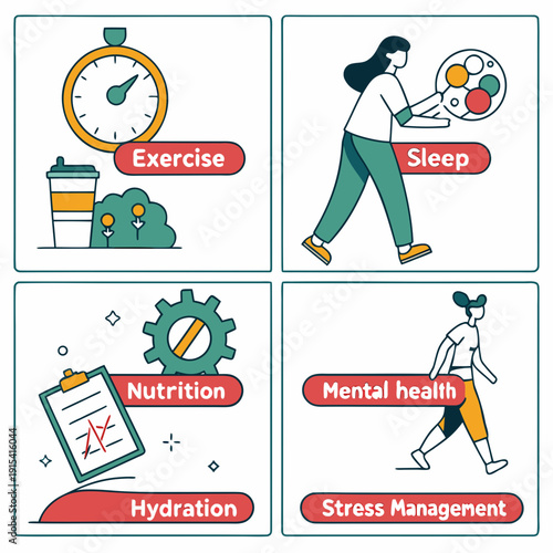 Illustrations of people performing various activities related to time management and productivity Vector