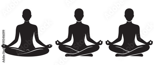 Three people meditating in yoga lotus pose, silhouette illustration, zen and wellness