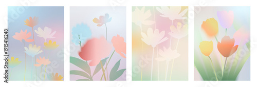 Collection of beautiful backgrounds with spring flowers daisies, tulips, wildflowers with soft, blurred outlines and gradients in pastel shades. The overall style is dreamy, soft, and artistic. 
